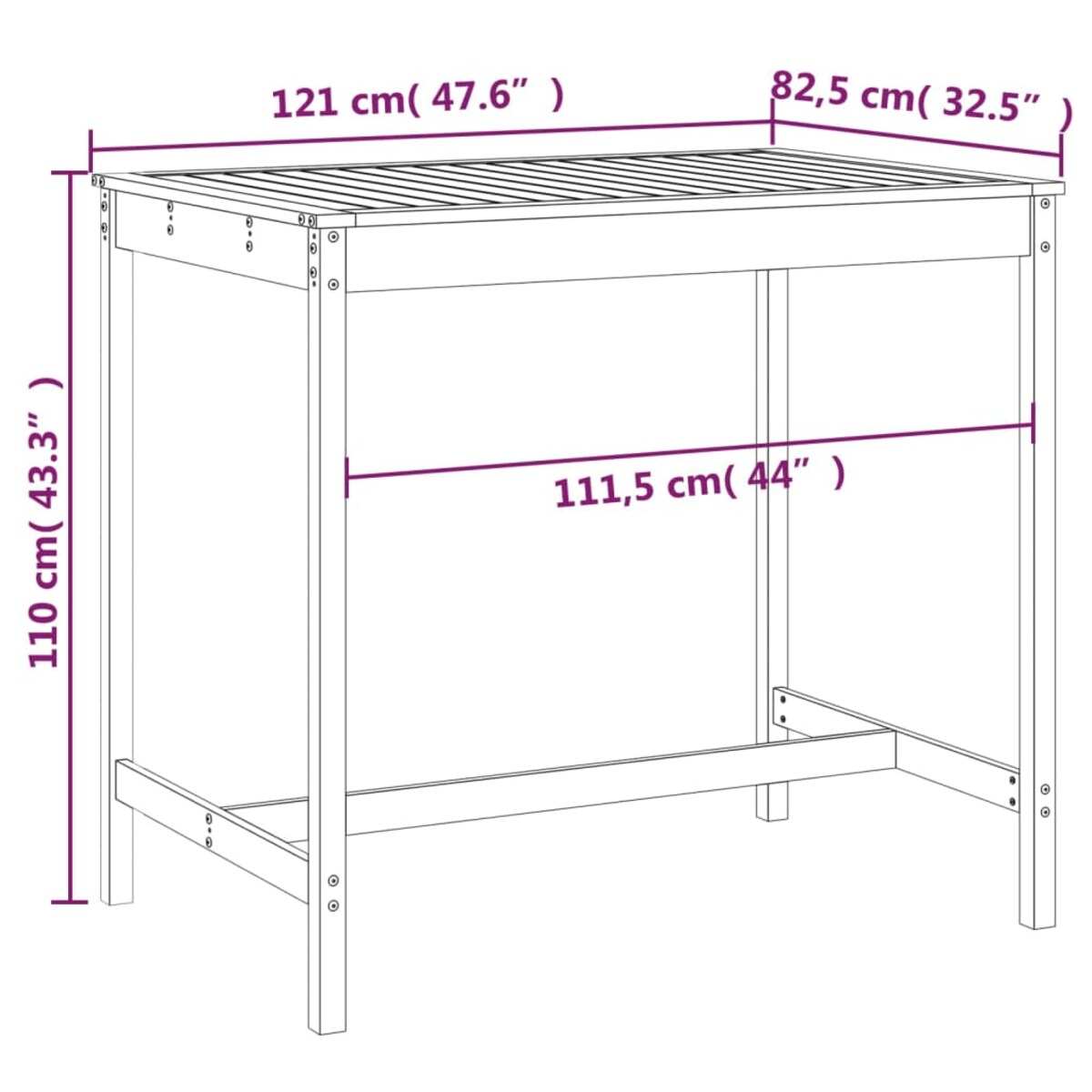 vidaXL Stolik ogrodowy, 121x82,5x110 cm, lite drewno sosnowe