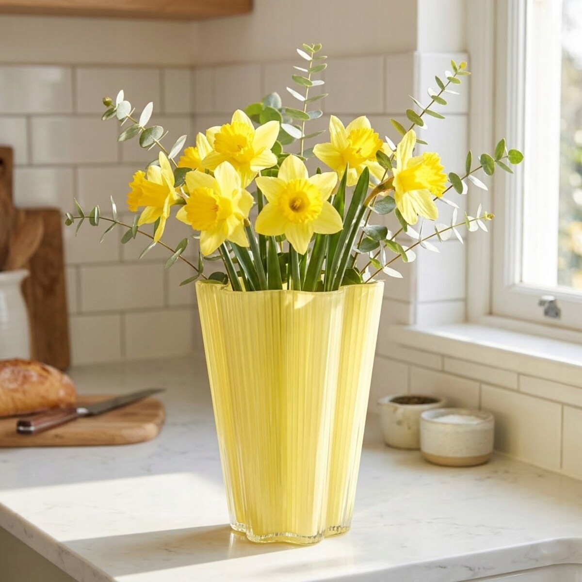 WAZON SZKLANY 20cm ŻÓŁTY NA KWIATY BUKIET RÓŻE DO SALONU DOMU BOHO RETRO