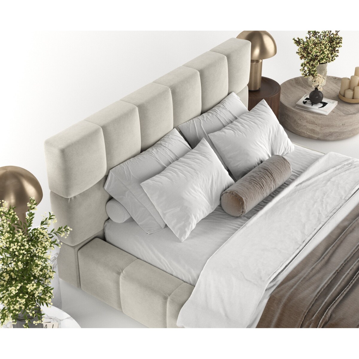 Łóżko tapicerowane PAROS 180x200 z pojemnikiem, Jasny Beż, tkanina Terra NW 06