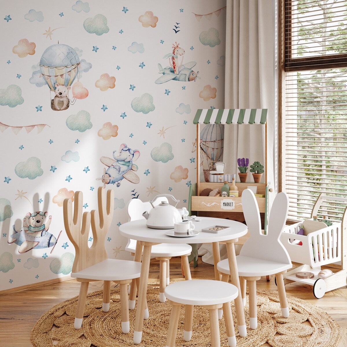 Naklejki Dla Dzieci Zwierzątka Misie Żyrafy Balony Chmurki Gwiazdy ZESTAW 120x60cm