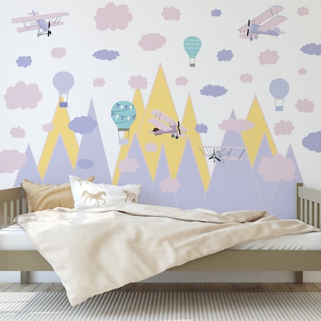 ZESTAW NAKLEJEK DLA DZIECI NA ŚCIANĘ FIOLETOWE GÓRY SAMOLOTY RETRO