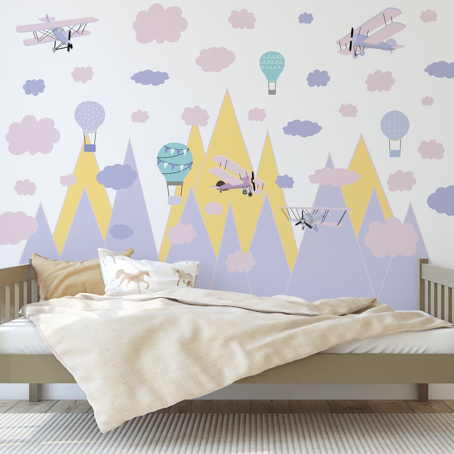 ZESTAW NAKLEJEK DLA DZIECI NA ŚCIANĘ FIOLETOWE GÓRY SAMOLOTY RETRO