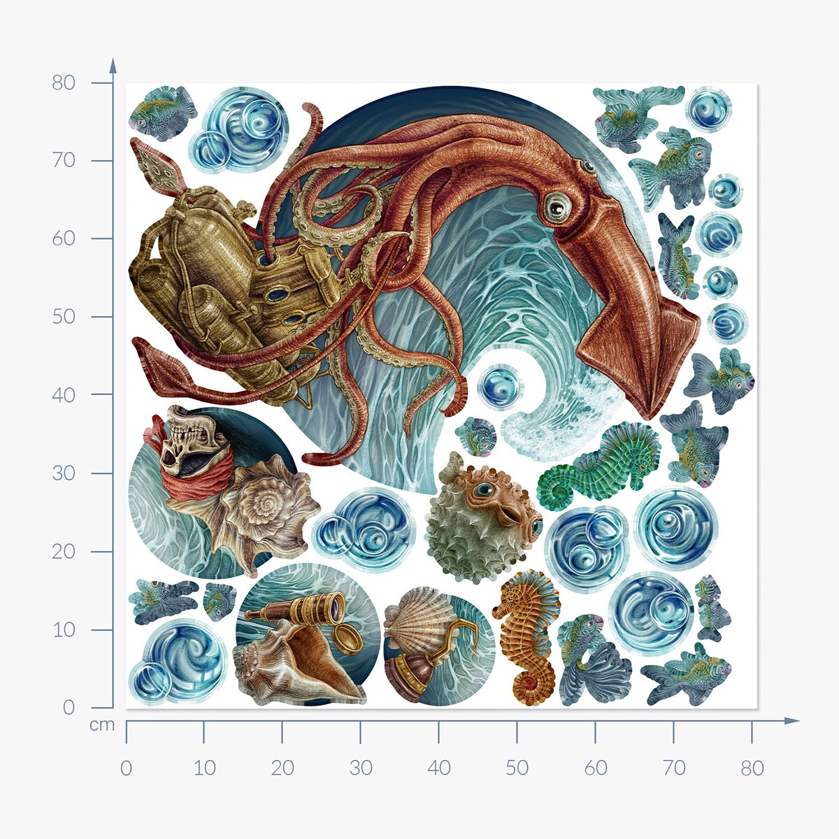 Zestaw naklejek na ścianę, Łódź podwodna, 80cm