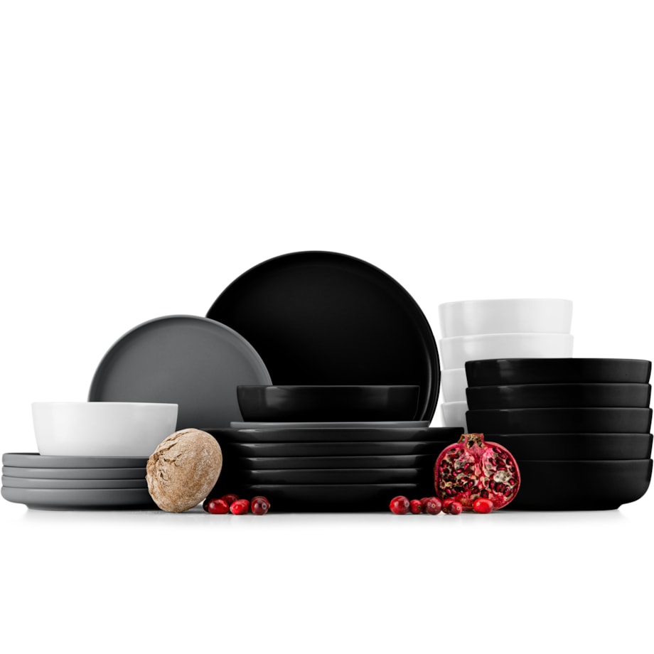 KONSIMO VICTO Zestaw obiadowy 6-osobowy czarno-szaro-biały/czarny (24 elementy)
