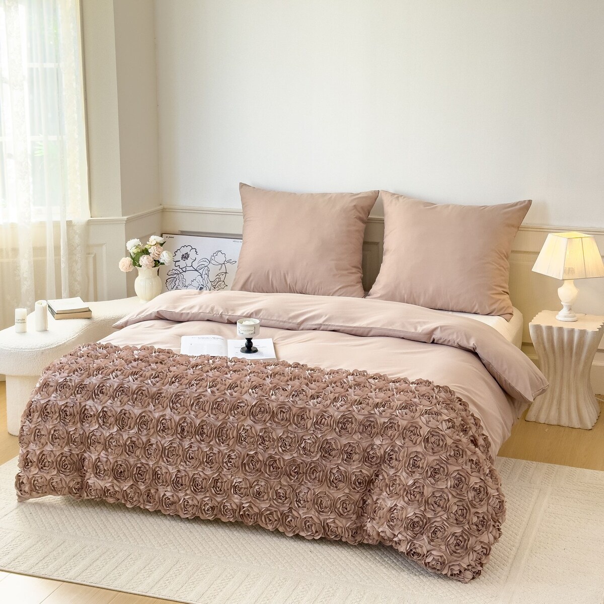 komplet pościeli "bella rosa" z aplikacją 3d róże mikrofibra 200x220 |beż