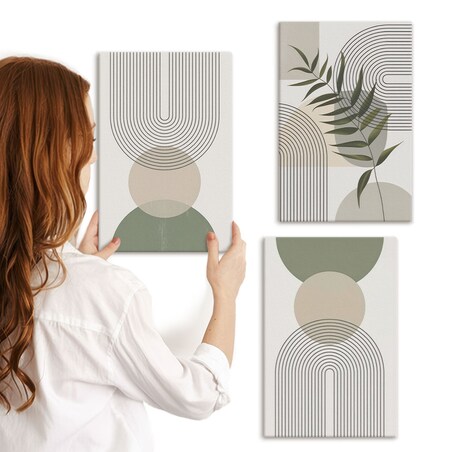 Zestaw 3 małych obrazów na płótnie - Abstrakcyjne kształty z zielenią - zielony