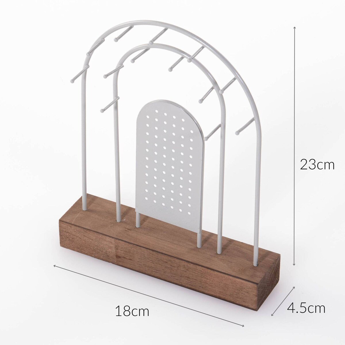 Metalowy stojak na biżuterię, drewniana podstawka, 18 x 4,5 cm
