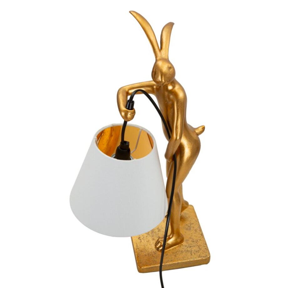Lampa stołowa Rabbit Stand, kolor złoty i biały, żywica syntetyczna, żelazo i tkanina, 26 x 16 x 47 cm, max. 40 W, motyw: królik, Mauro Ferretti