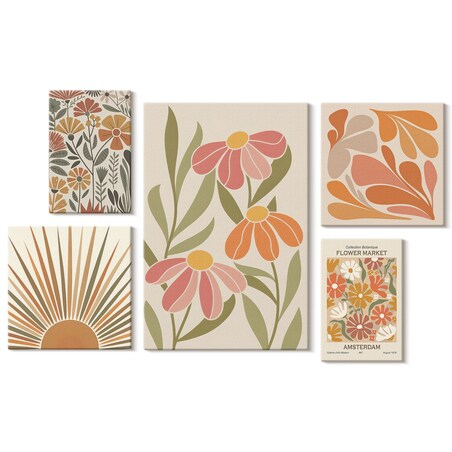 Zestaw 5 obrazów na płótnie - Styl boho kwiaty geometryczne - pomarańczowy