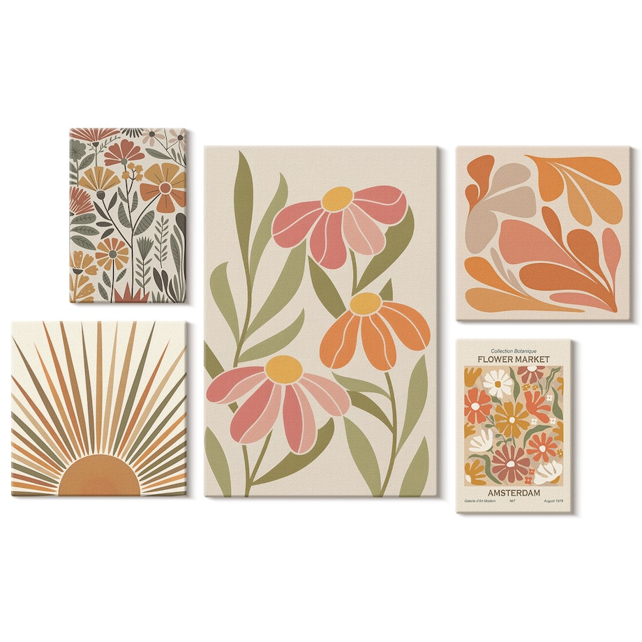 Zestaw 5 obrazów na płótnie - Styl boho kwiaty geometryczne - pomarańczowy