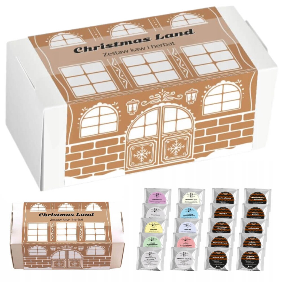 Gotowy zestaw prezentowy „Christmas Land“ kawa herbata smakowa mix 20szt. prezent upominek pod choinkę na mikołaja dla kobiety faceta mężczyzny mamy taty chłopaka dziewczyny żony męża