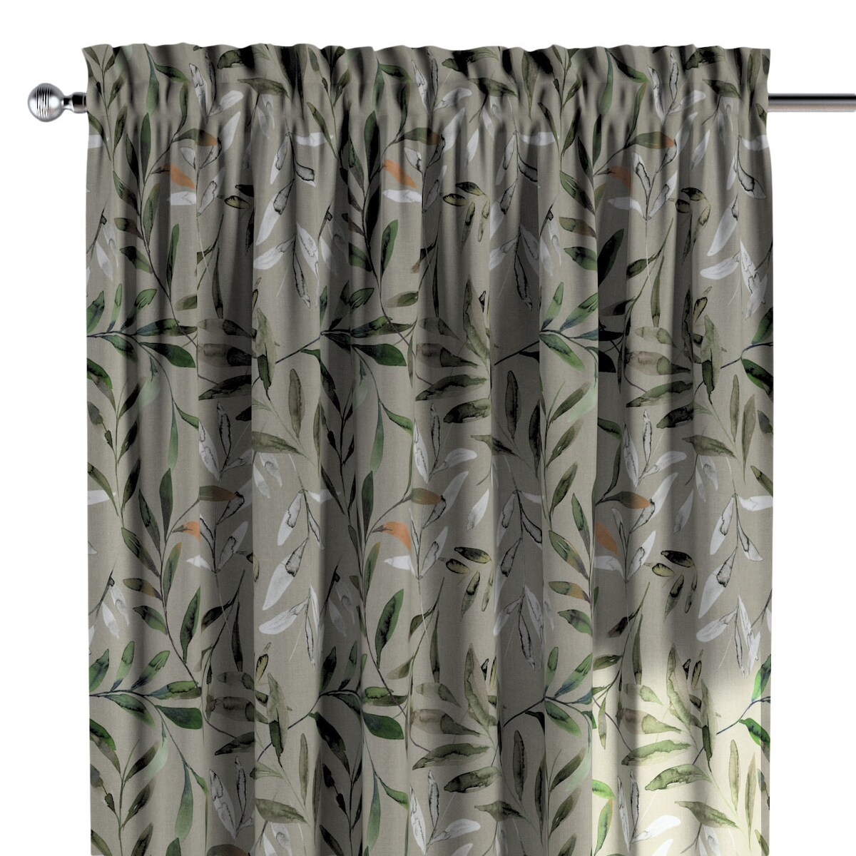 Zasłona na kanale z grzywką 1 szt. 130x260 zielone gałązki na szarym tle