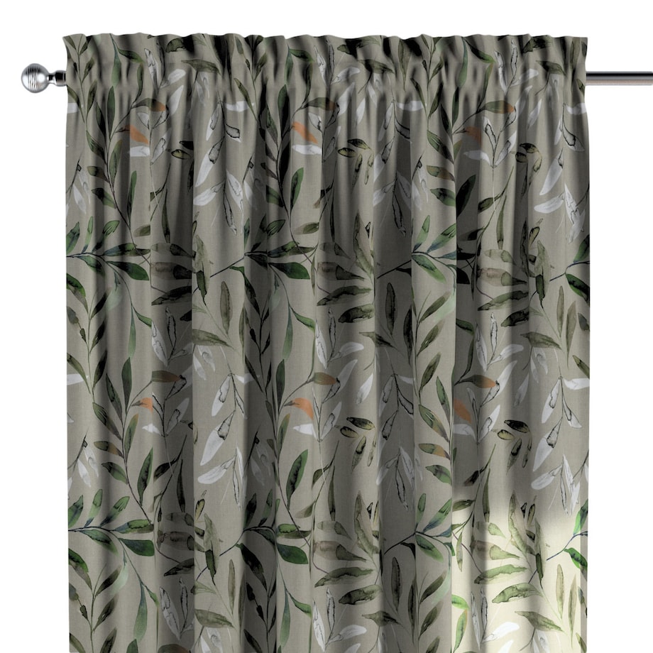 Zasłona na kanale z grzywką 1 szt. 130x260 zielone gałązki na szarym tle