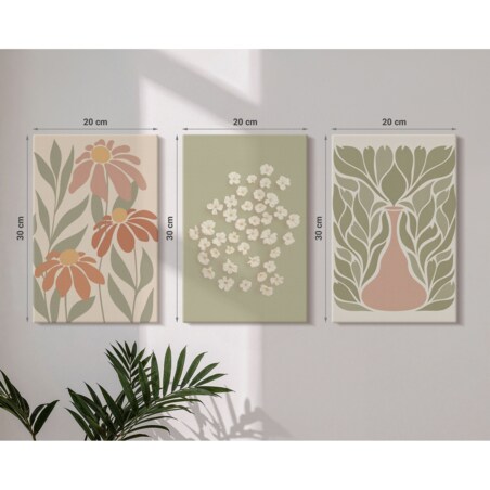 Zestaw 3 małych obrazów na płótnie - Kwiatowe motywy boho wzory - zielony