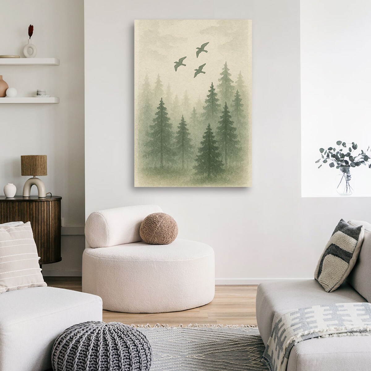 Feeby Obraz Japandi, Sosny Ptaki Las Akwarela Zielony Naturalny 70x100