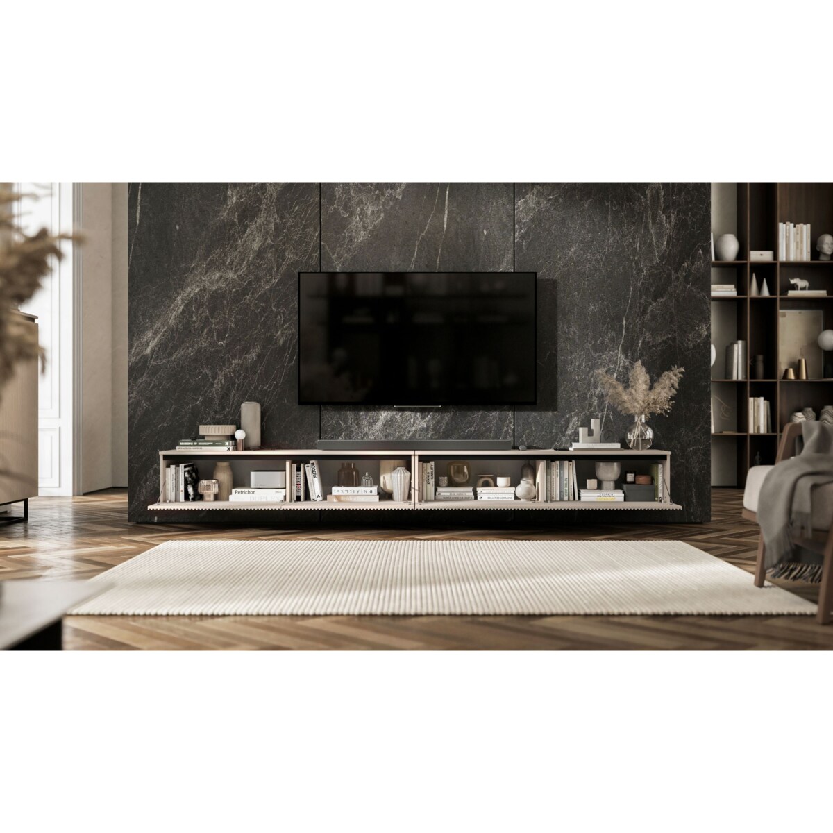 Wisząca Szafka RTV Glamour Komoda RTV Kaszmir 280 cm ryflowane fronty