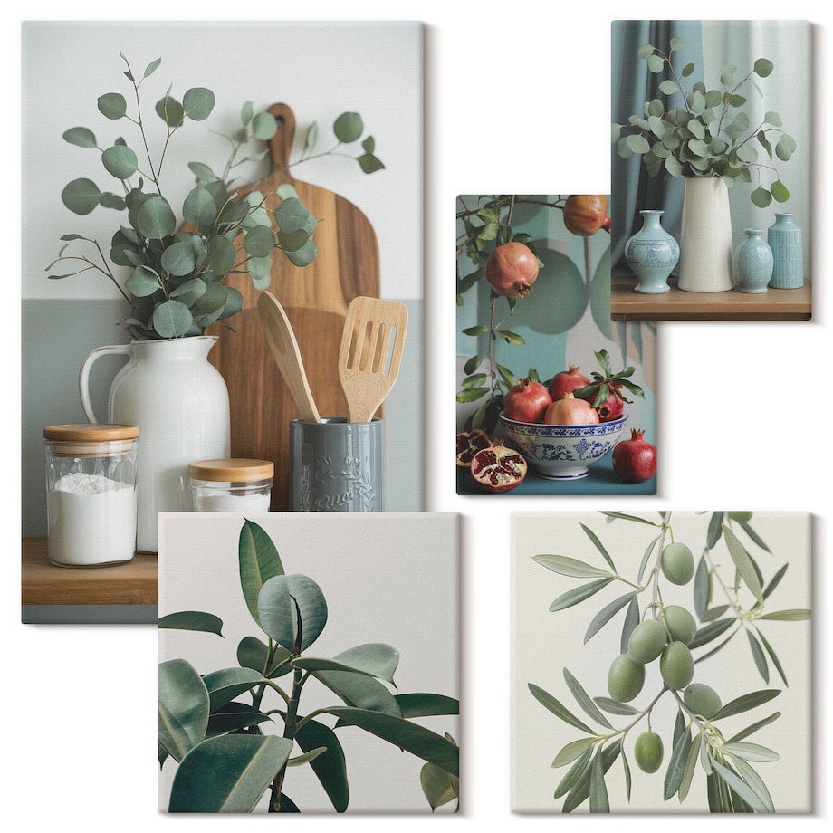 Zestaw 5 obrazów na płótnie - Naturalne skandynawskie rośliny w stylu prowansalskim - zielony