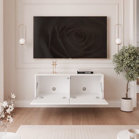 Szafka RTV wisząca BIAŁA ANGEL ryflowana 100 cm z oświetleniem LED