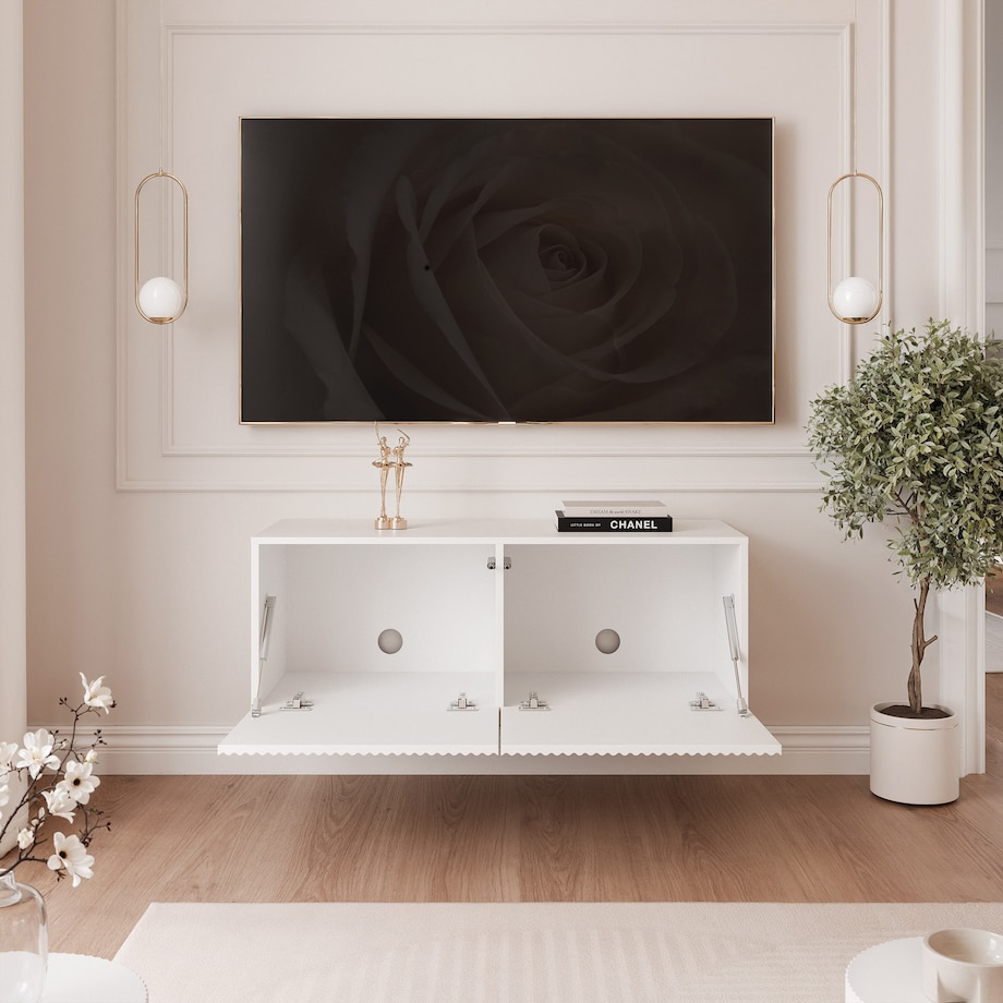 Szafka RTV wisząca BIAŁA ANGEL ryflowana 100 cm z oświetleniem LED