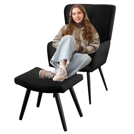 Fotel uszak z podnóżkiem do salonu wypoczynkowy welurowy tapicerowany czarny