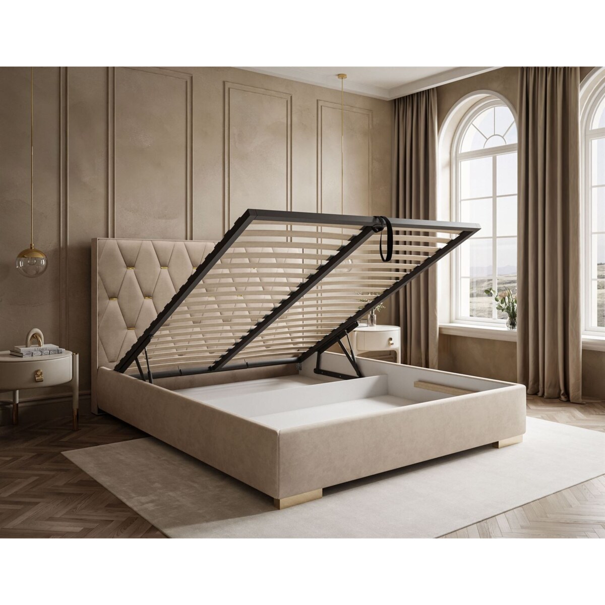 Łóżko tapicerowane IZOLDA z wysokim zagłówkiem, selaż 34, 140x200, Royal Velvet 170