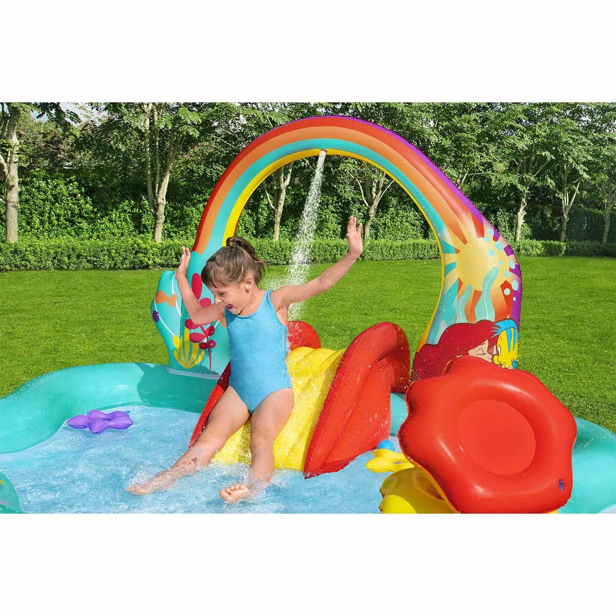 Dmuchany plac zabaw wodny Bestway 91097 Syrenka Disney zjeżdżalnia 211x206x127 cm