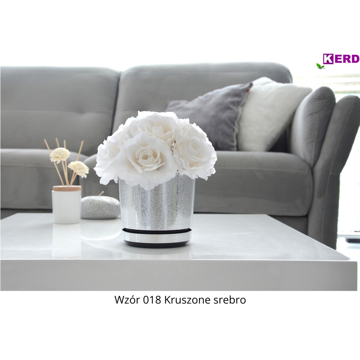 16 cm wzór KRUSZONE SREBRO Doniczka z podstawką elegancka drobinki lustra z połyskiem z drenażem nowoczesna