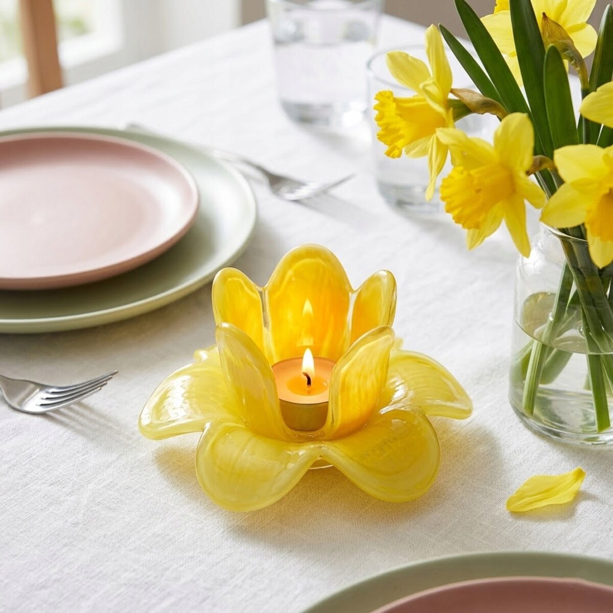 ŚWIECZNIK NA TEALIGHT SZKLANY KWIAT ŻÓŁTY OZDOBA DEKORACJA DO DOMU SALONU