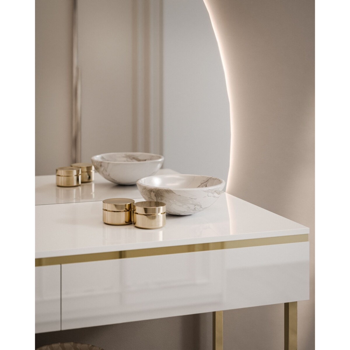 Toaletka AURORA-Q biały połysk na złotym stelażu prawe