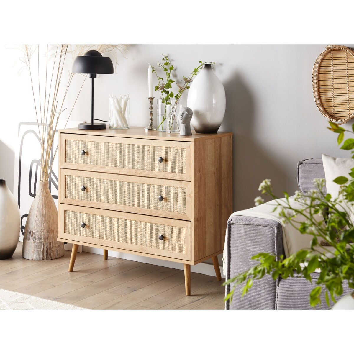 Komoda fronty rattanowe jasne drewno PONCA