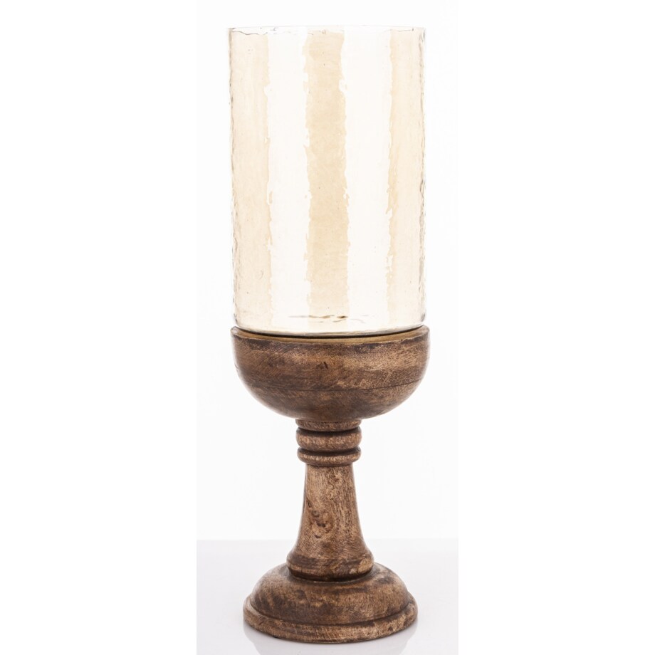 Świecznik szklany z podstawką z drewna mango Ø15x46 cm GAMBIJA