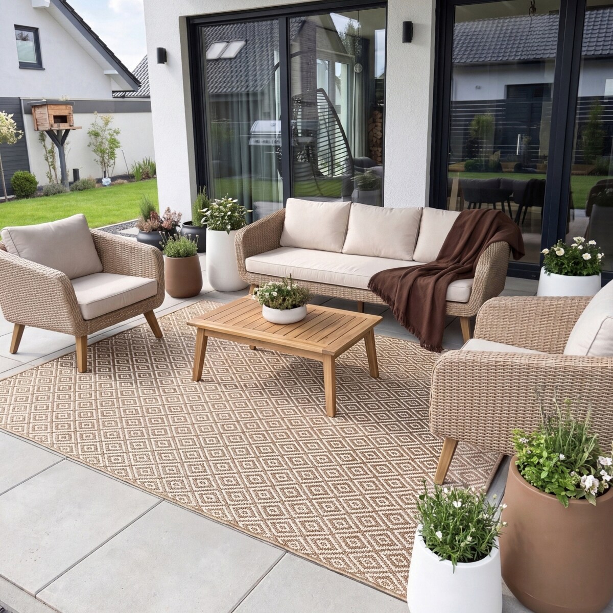 Dywan zewnętrzny 160x230cm Tkany Geometryczny Beżowy