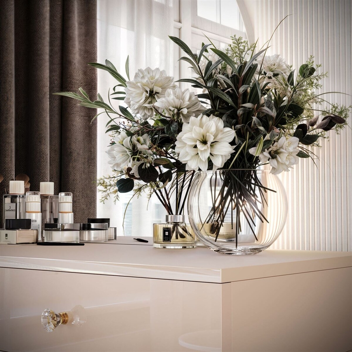 Toaletka kosmetyczna SIENNA-QS KASZMIR z lustrem LED, prawa, uchwyt biały kryształ