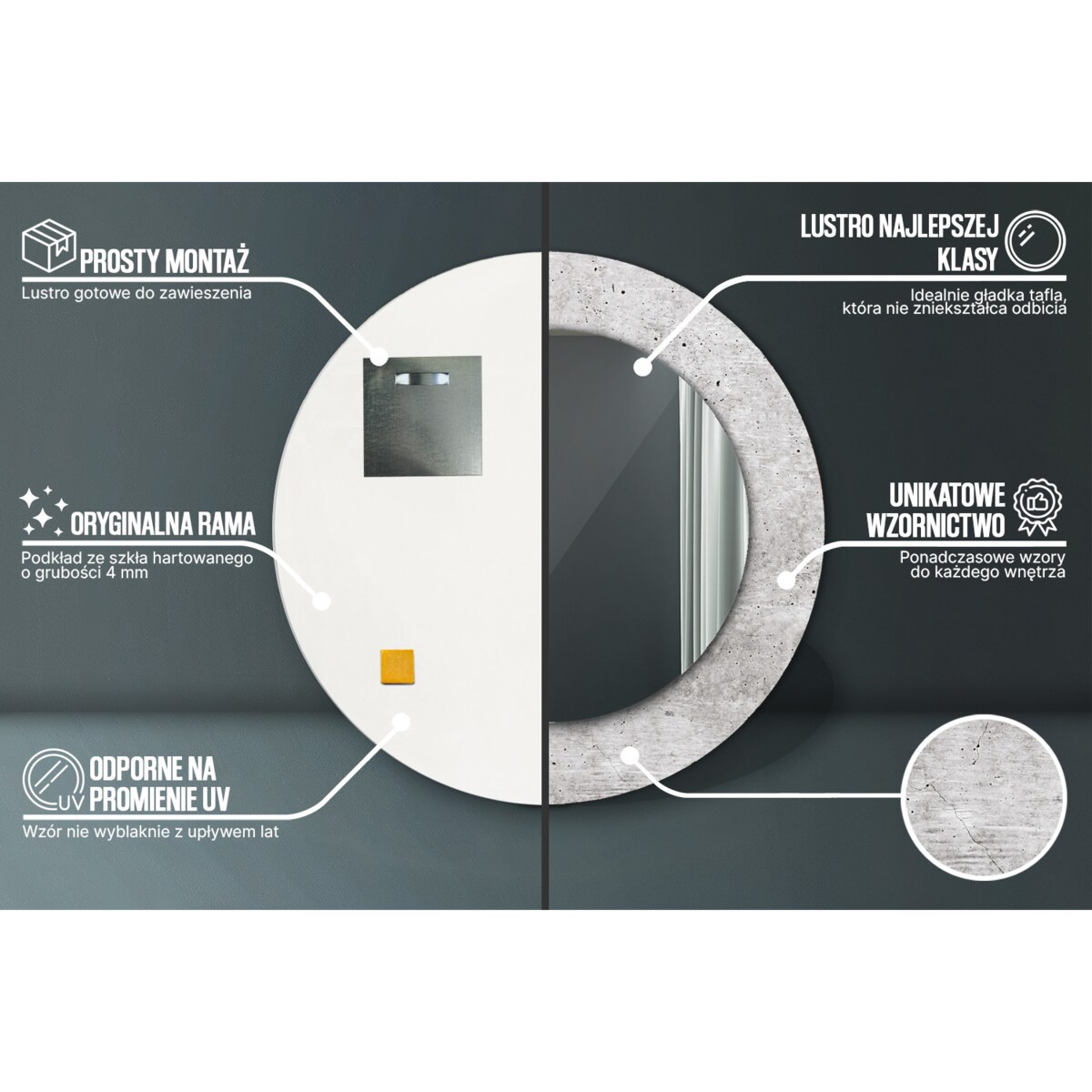 Lustro z nadrukiem Ø 50 - Ø 36 cm Industrialny kamień