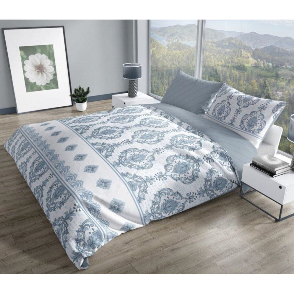 Pościel Satynowa 160x200 Pure Satin Mozaika Rozeta Niebieska Popiel