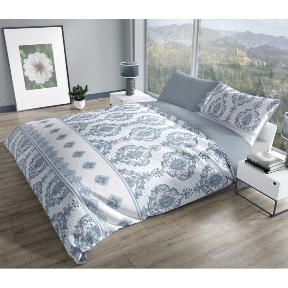 Pościel Satynowa 160x200 Pure Satin Mozaika Rozeta Niebieska Popiel