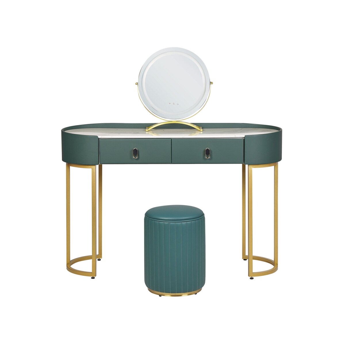 Toaletka 2 szuflady lustro LED z pufem zielono-złota VINAX