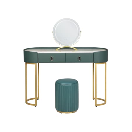 Toaletka 2 szuflady lustro LED z pufem zielono-złota VINAX