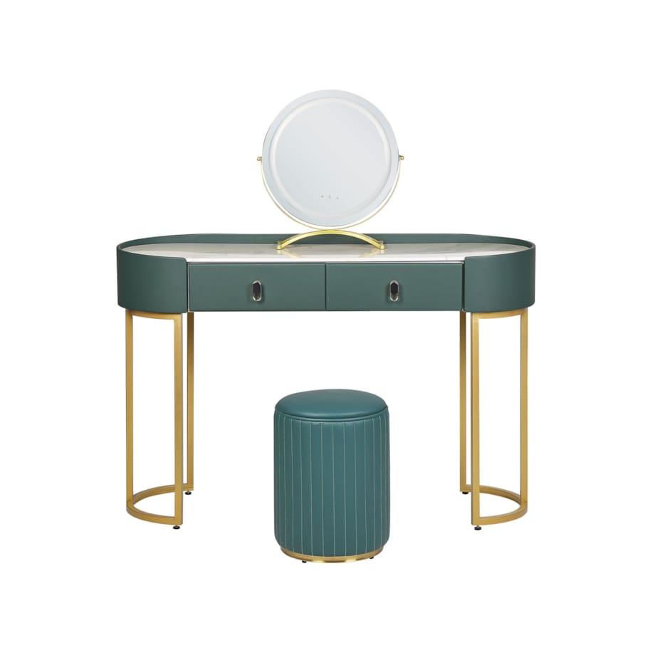 Toaletka 2 szuflady lustro LED z pufem zielono-złota VINAX