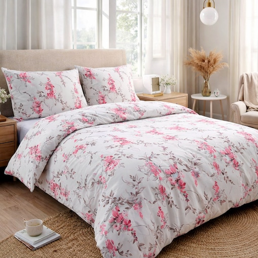 Pościel bawełniana 140x200 Rozalia beżowa w różowe kwiaty, Cottonlove