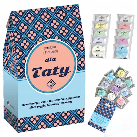 ZESTAW BOX PREZENTOWY UPOMINKOWY - 10 RÓŻNYCH HERBAT SYPANYCH W SASZETKACH - PREZENT UPOMINEK DLA TATY TEŚCIA NA DZIEŃ OJCA URODZINY
