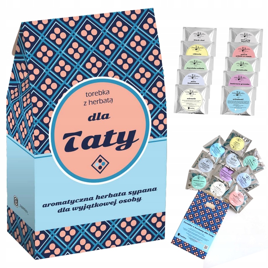 ZESTAW BOX PREZENTOWY UPOMINKOWY - 10 RÓŻNYCH HERBAT SYPANYCH W SASZETKACH - PREZENT UPOMINEK DLA TATY TEŚCIA NA DZIEŃ OJCA URODZINY