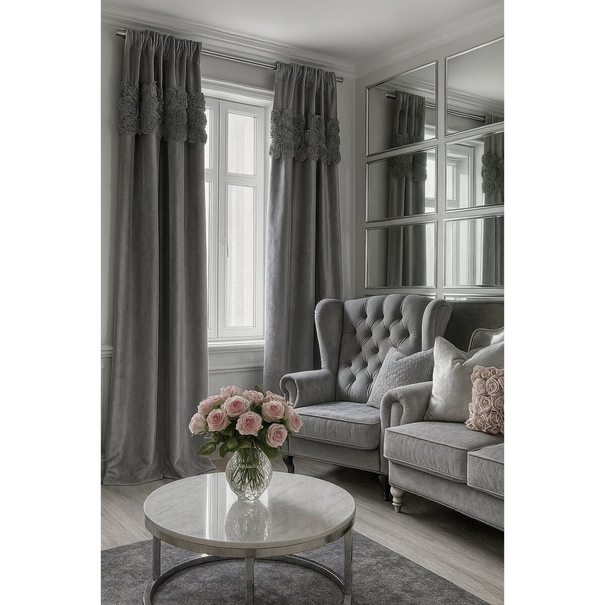 Zasłona welurowa "royal roses" z wyszywanymi różami 140x270 cm taśma | stalowy