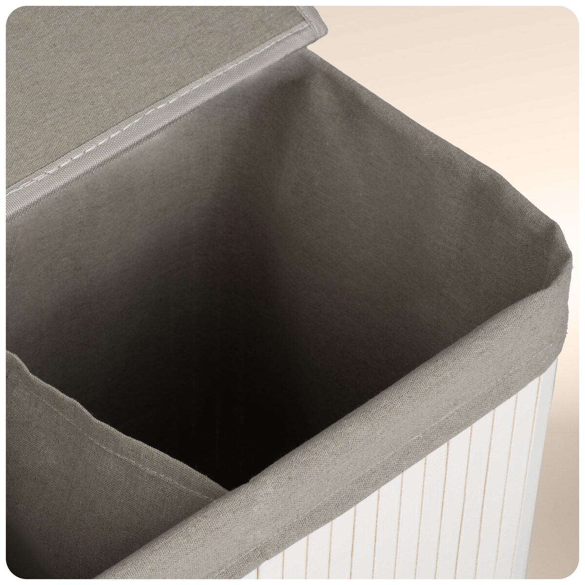 Massido, bambusowy kosz na pranie z pokrywą dwukomorowy 100l, biały szary 61x54x34 cm