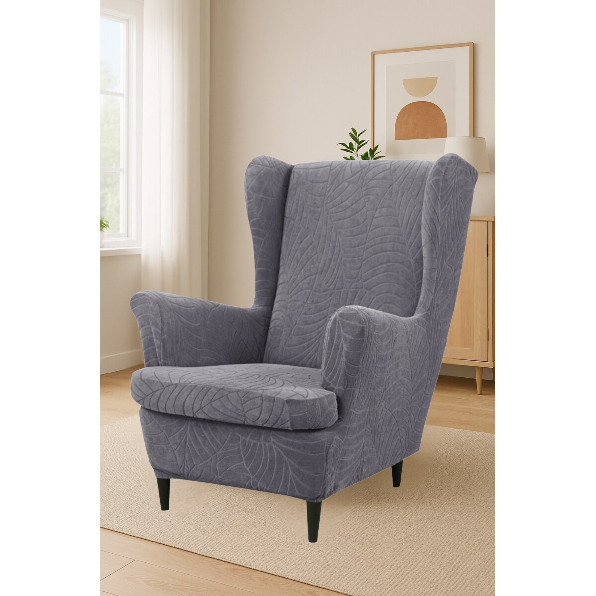 POKROWIEC NA FOTEL USZAK SZARY WELUR ŻAKARD WZORY ELASTYCZNY [30-Z3-SZ]