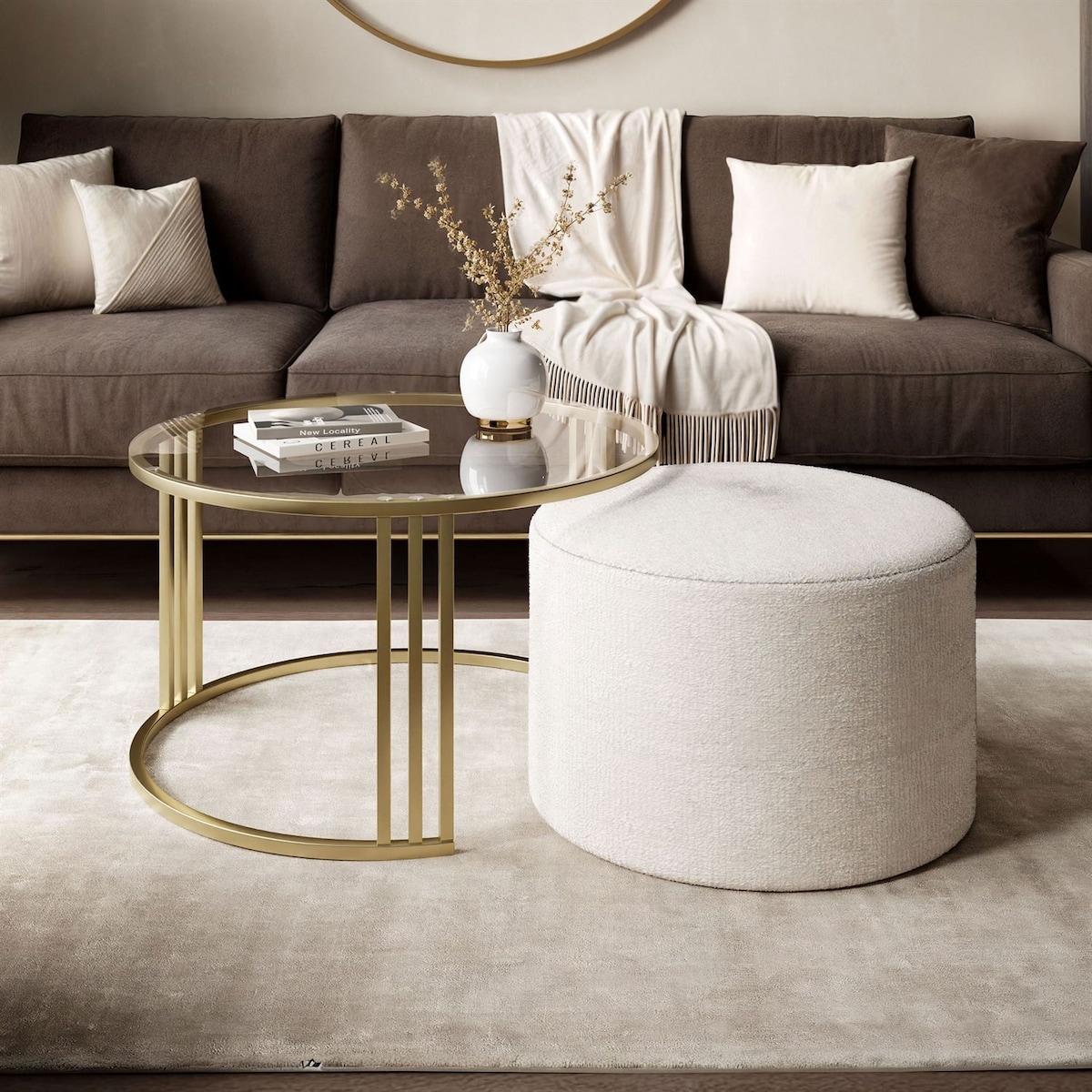 Stolik kawowy z pufą LORI GLASS złoto szczotkowane, przezroczyste szkło / Perfect Harmony 01