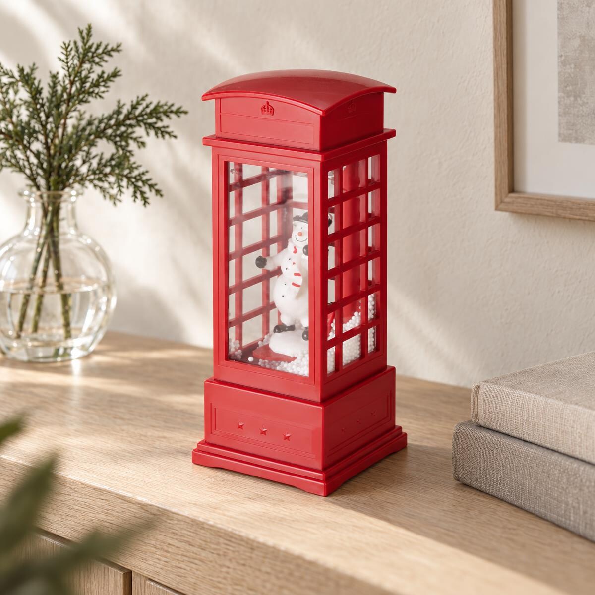 Budka telefoniczna świąteczna z LED, efektem śniegu i melodią, 10,5 x 10,5 x 25 cm