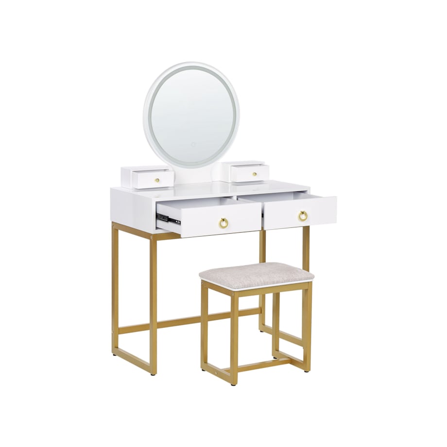 Toaletka 4 szuflady lustro LED ze stołkiem biało-złota AUXON