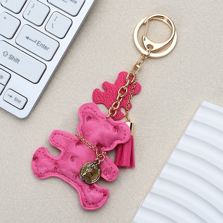 Brelok do kluczy skórzany MIŚ fuksja, frędzle BRL357