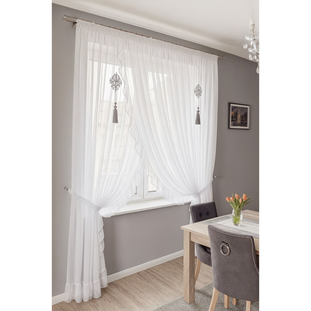 firana z falbanką | szyfon | zakładana na taśmie | 400x230 cm | biała